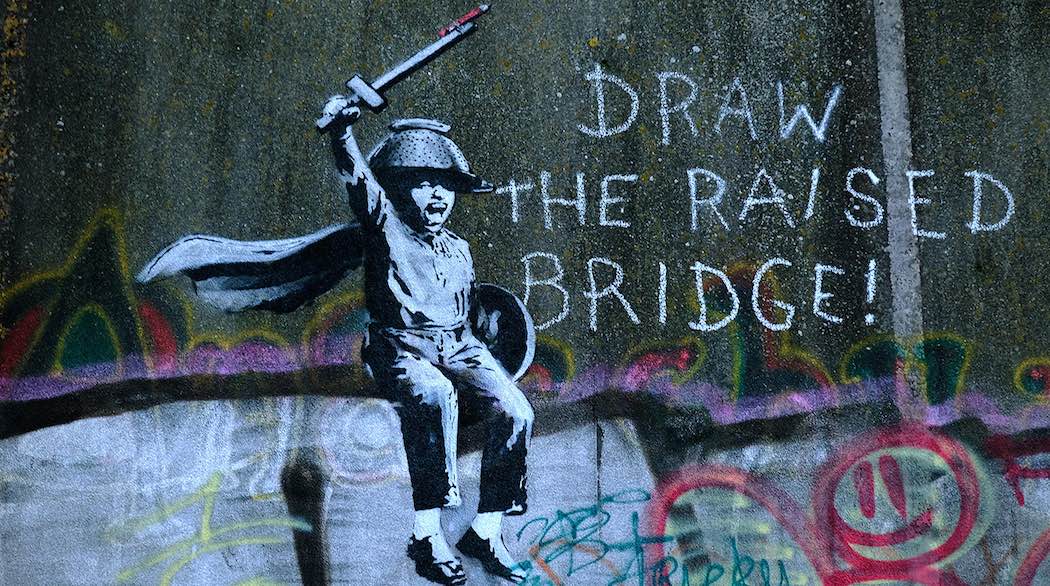 January 28, 2018 - Hull, Hull, United Kingdom - New Banksy Painting in Hull. New Banksy painting, Appeared overnight, has now been confirmed to be his in Hull, City of Culture, Scott street bridge. The bridge has been unused for years and is permanently attached in the upright position. The mural is top of existing graffiti and said to represent Brexit, or a chapter in Hulls history were Charles the first was refused entry which led to the civil war. (Credit Image: Global Look Press via ZUMA Press)